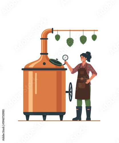 Woman brewing beer in traditional brewery with copper kettle vector illustration