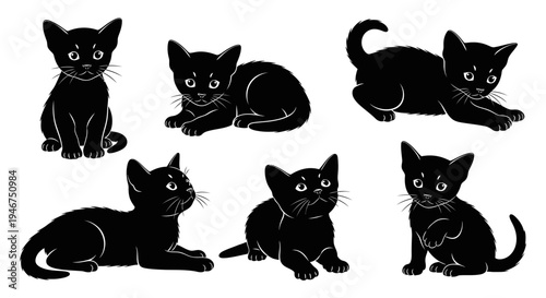 Set of Adorable Black Kittens in Various Poses: Sitting, Lying, Playing