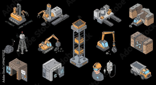 Isometric Industrial Construction and Mining Equipment Collection.