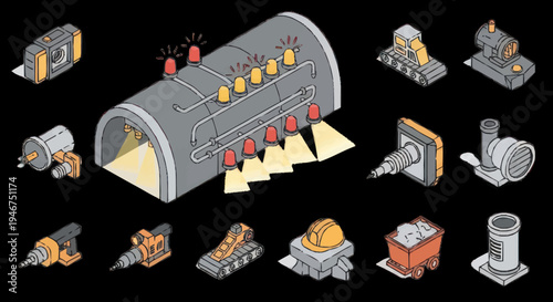 Isometric Industrial Mining Equipment and Tunnel Entrance Set.