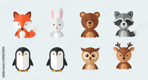 Collection of Cute Cartoon Forest and Arctic Animals.
