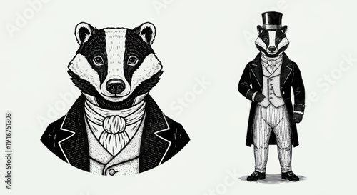 Anthropomorphic Badger Dressed in Victorian Gentleman Attire.