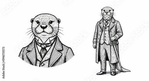 Anthropomorphic Otter Dressed in Victorian Gentleman Attire.