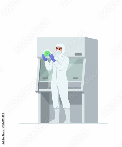 Scientist in protective suit conducting experiment in lab vector illustration