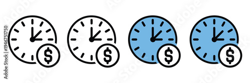 Time is money icon set, watch and clock blue and black line icons, dollar sign symbol, finance, business, currency concept, flat vector illustration isolated on white background for web and app design