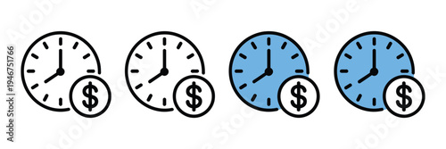Time is money icon set, watch and clock blue and black line icons, dollar sign symbol, finance, business, currency concept, flat vector illustration isolated on white background for web and app design