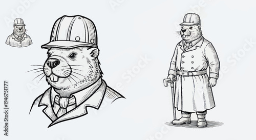 Vintage Beaver Gentleman Illustration Detailed Portrait.