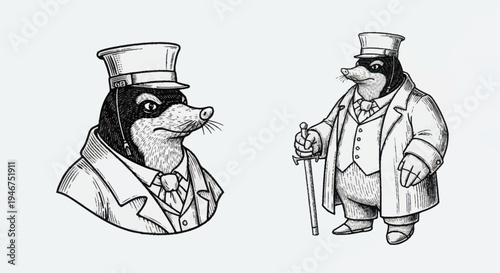 Two Dapper Moles in Vintage Suits and Hats.
