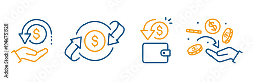 cashback icon set, outline icons of money refund, cash back, financial gift, wallet with dollar coin, editable web symbols
