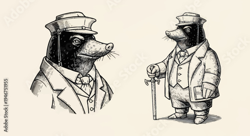 Vintage Style Moles Dressed in Suits and Hats.