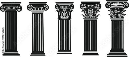 Classical architectural columns. Ionic order, fluted columns, plain columns, and highly ornate pillar featuring unique decorative patterns. 
