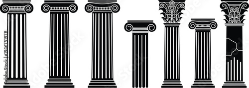 Classical architectural columns. Ionic order, fluted columns, plain columns, and highly ornate pillar featuring unique decorative patterns. 