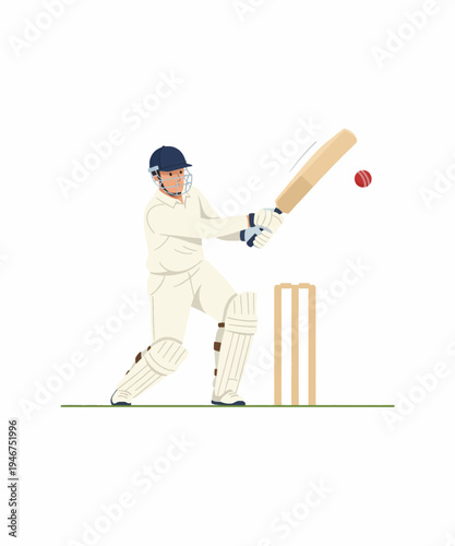 Cricket player batting action flat design vector illustration on white background