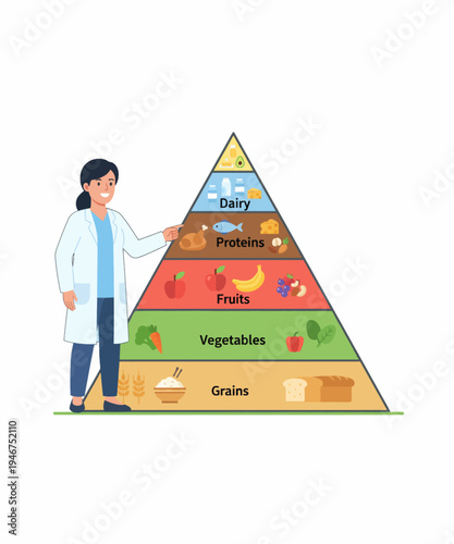 Nutritionist explaining food pyramid healthy eating diet vector illustration flat design