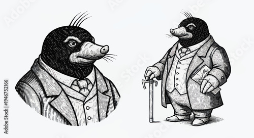 Vintage Illustration of Two Dapper Moles in Suits.