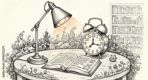 Desk lamp illuminates an open book and alarm clock on a table.