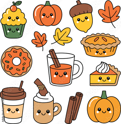 Set of cute autumn mascot characters with pumpkin, coffee, pie, and fall leaves vector illustration