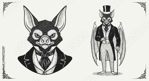 Elegant Bat Gentleman in Formal Attire and Close-up Portrait.