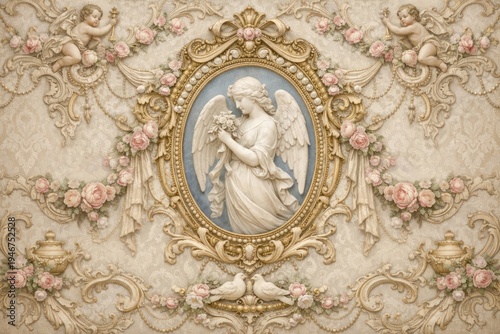 Ornate angelic vintage wallpaper design.