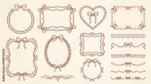 Collection of hand-drawn vintage decorative frames, cute borders, and bow dividers in a coquette style for invitations and scrapbooking.