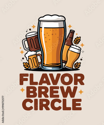 Flavor Brew Circle Vector Illustration with Assorted Beer Glasses, Mugs, and Bottle for Craft Beer Festivals and Brewery Promotions
