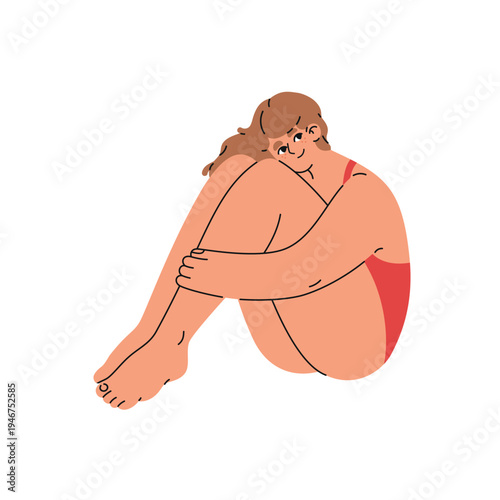 Woman sitting in swimsuit. Plus-size chubby female in swimwear