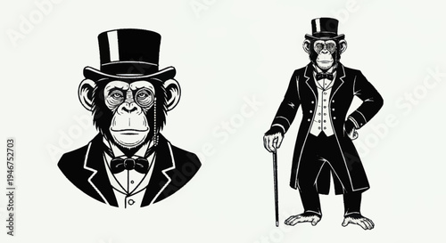 Chimpanzee Dressed in Formal Attire with Top Hat and Cane.