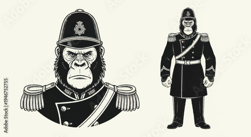Gorilla In Military Uniform With Helmet.
