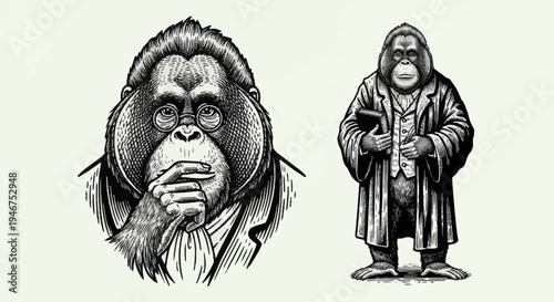 Vintage Orangutan Illustration in Formal Attire.