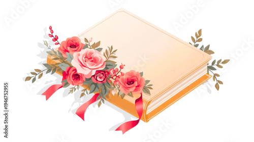 Book Decorated with a Beautiful Arrangement of Pink Roses Green Leaves and Red Ribbons