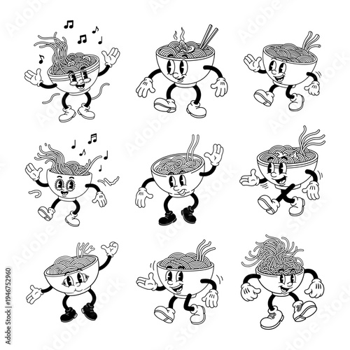 Animated noodle bowl characters in various playful poses and activities