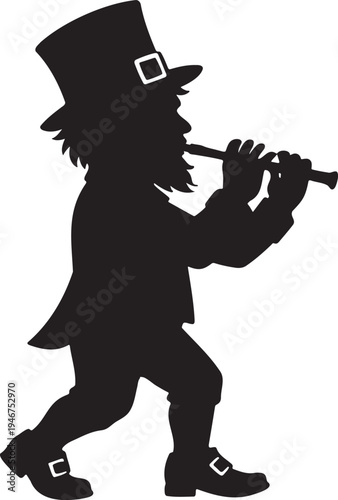 Silhouette of a whimsical leprechaun playing a flute