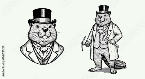 Vintage Beaver Gentleman Illustration.