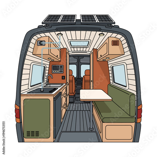 Modern converted camper van interior layout with compact living space