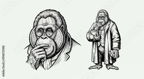 Vintage Orangutan Gentleman Illustration with Book and Coffee.