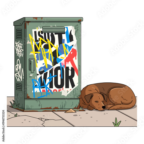 Urban graffiti refrigerator with a sleeping dog beside it on the sidewalk