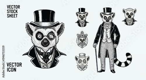 Dapper Lemur Character Wearing Top Hat and Suit.