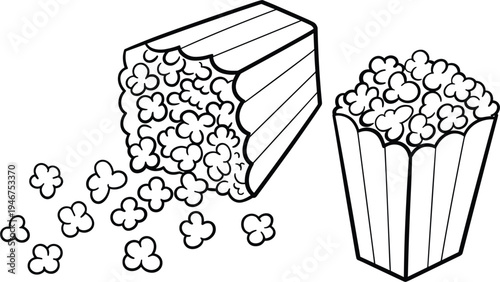 Popcorn boxes and scattered popcorn kernels black and white line art vector for cinema snack coloring