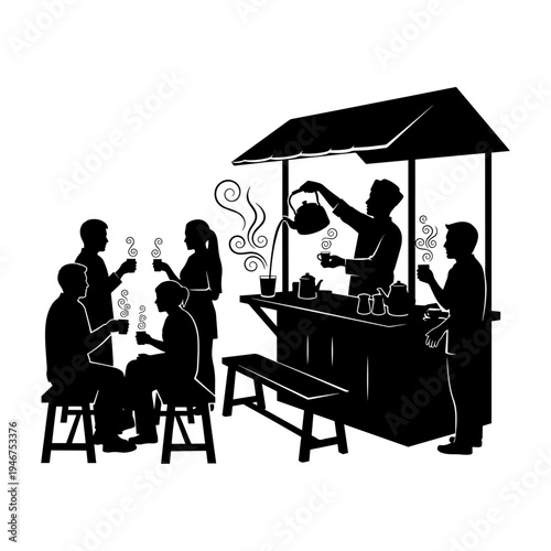 Traditional tea stall with patrons enjoying beverages in a relaxed setting