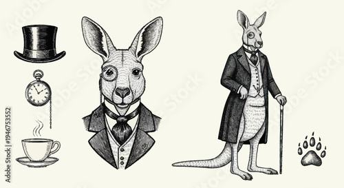Vintage Kangaroo Dressed in Formal Attire with Accessories.