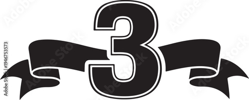 black silhouette number 3 ribbon banner vector design