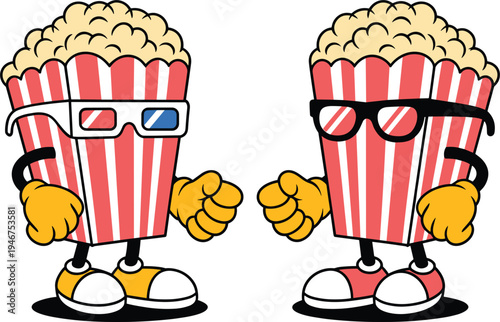 Cute popcorn mascot characters wearing 3D glasses and sunglasses, cinema movie snack vector illustration for entertainment