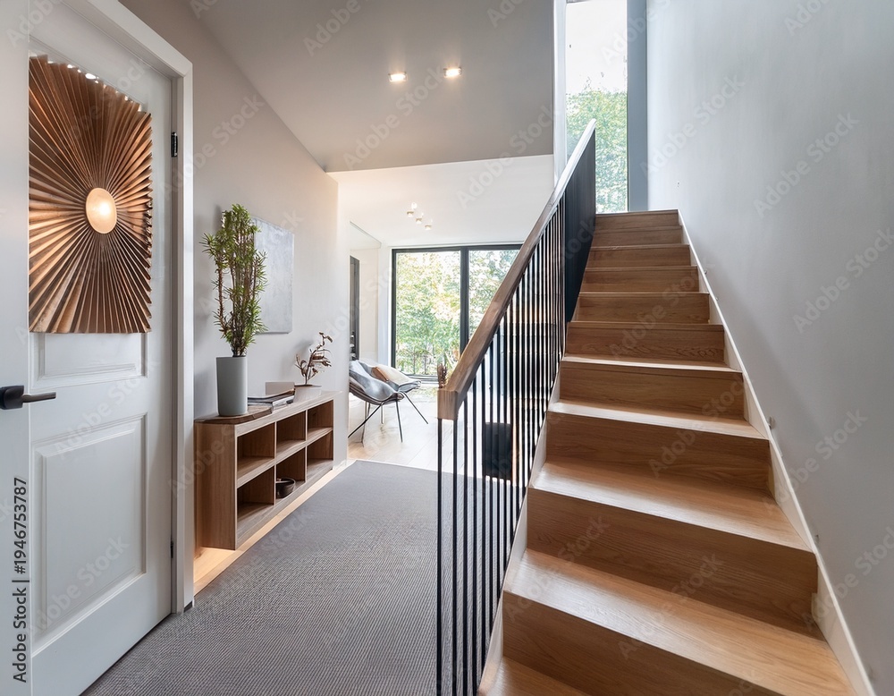 Fototapeta premium modern light filled hallway with wooden staircase