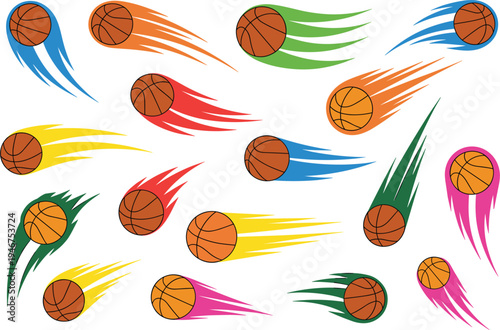Set of basketball flying with colorful motion speed lines, professional sports vector illustration for graphic design