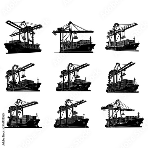 Diverse illustrations of container ships with various types of cranes and cargo handling equipment