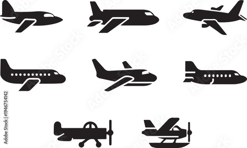 Diverse collection of aircraft and airplane silhouettes in black and white Vector