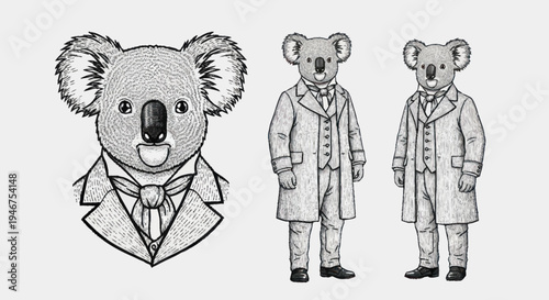 Dapper Koala Characters in Formal Attire Illustration.