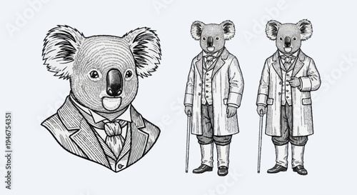 Vintage Koala Dressed in Formal Attire Illustration.