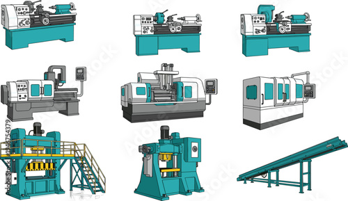 Industrial machinery silhouette vector illustration set featuring lathes, CNC machines, hydraulic presses, and conveyor systems, creative resource for manufacturing, engineering, and educational 