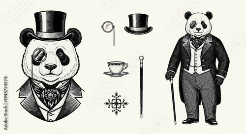 Elegant Panda Dressed in Vintage Formal Attire with Accessories.